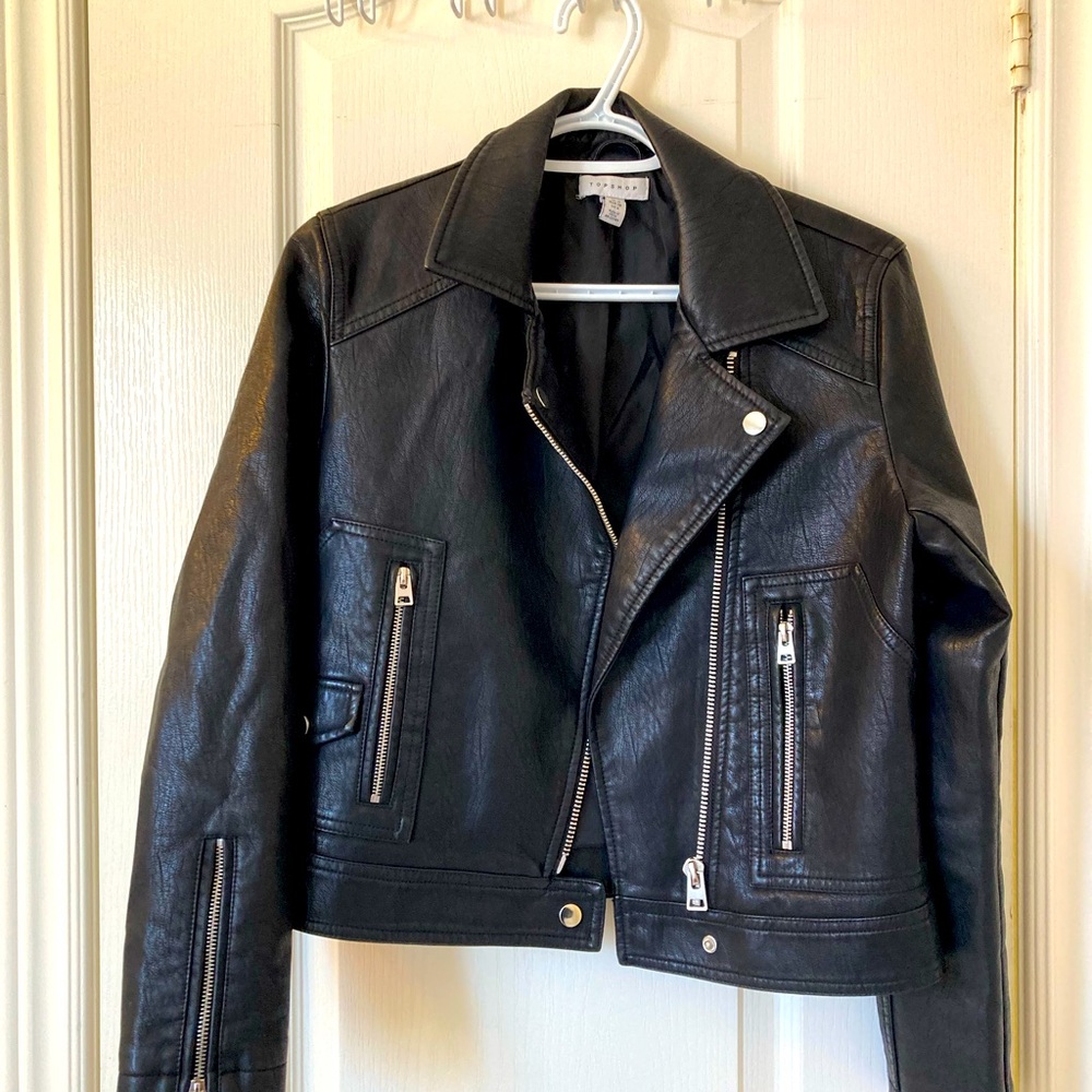 Top shop faux leather moto jacket in petite